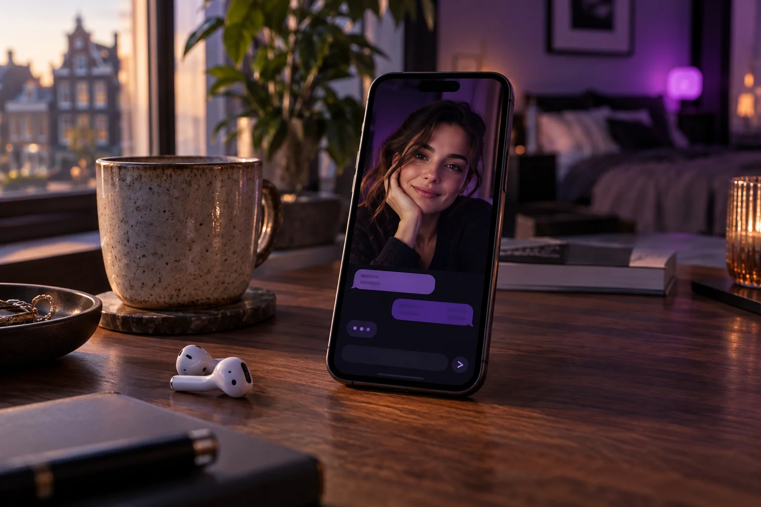 Smartphone op een houten tafel met een chatgesprek met een AI-companion, naast een koffiemok en oordopjes
