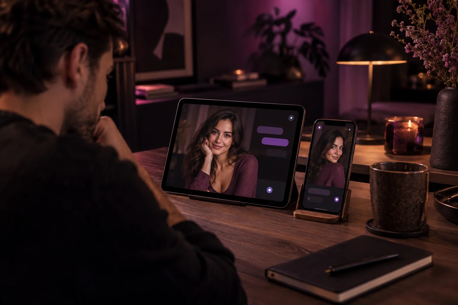 Man aan een bureau kijkt naar een tablet en een telefoon die hetzelfde AI-personage tonen