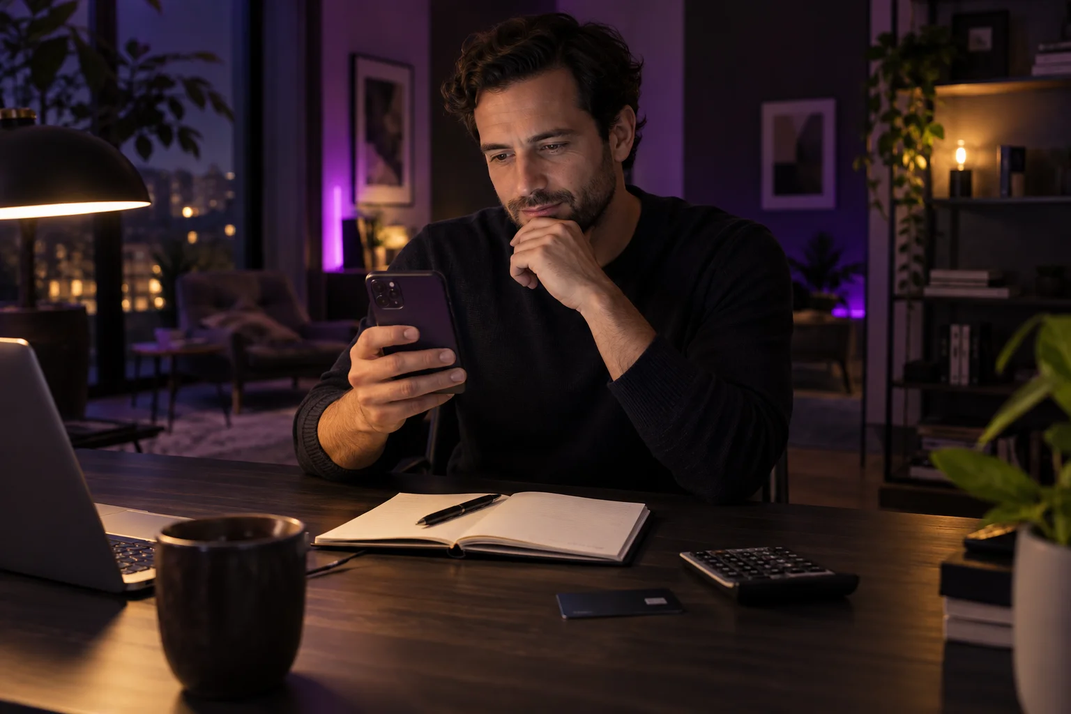 Man at a desk with a phone, notebook, calculator and bank card, thinking about costs