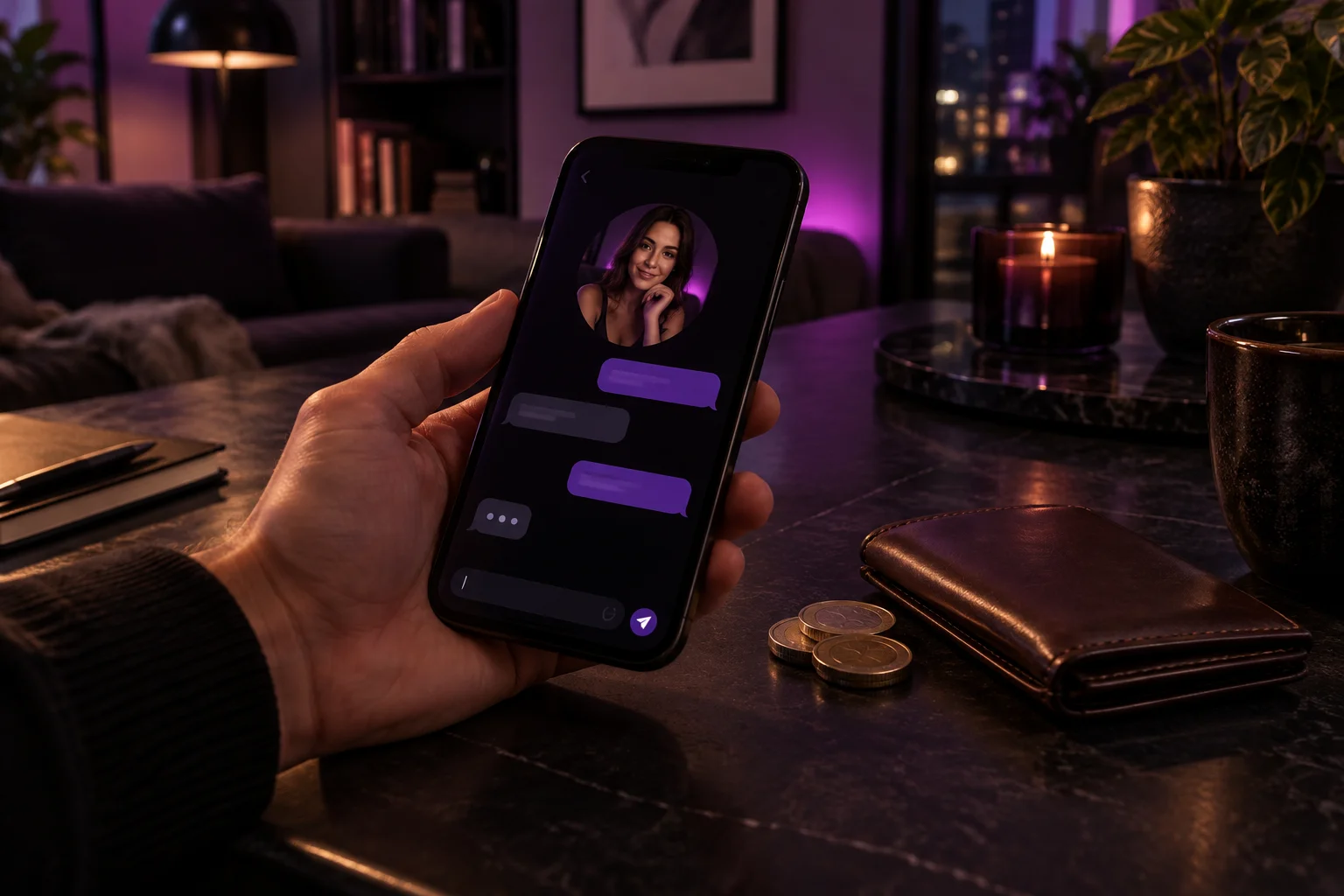Hand holding a phone with a chat app open, next to a wallet and coins