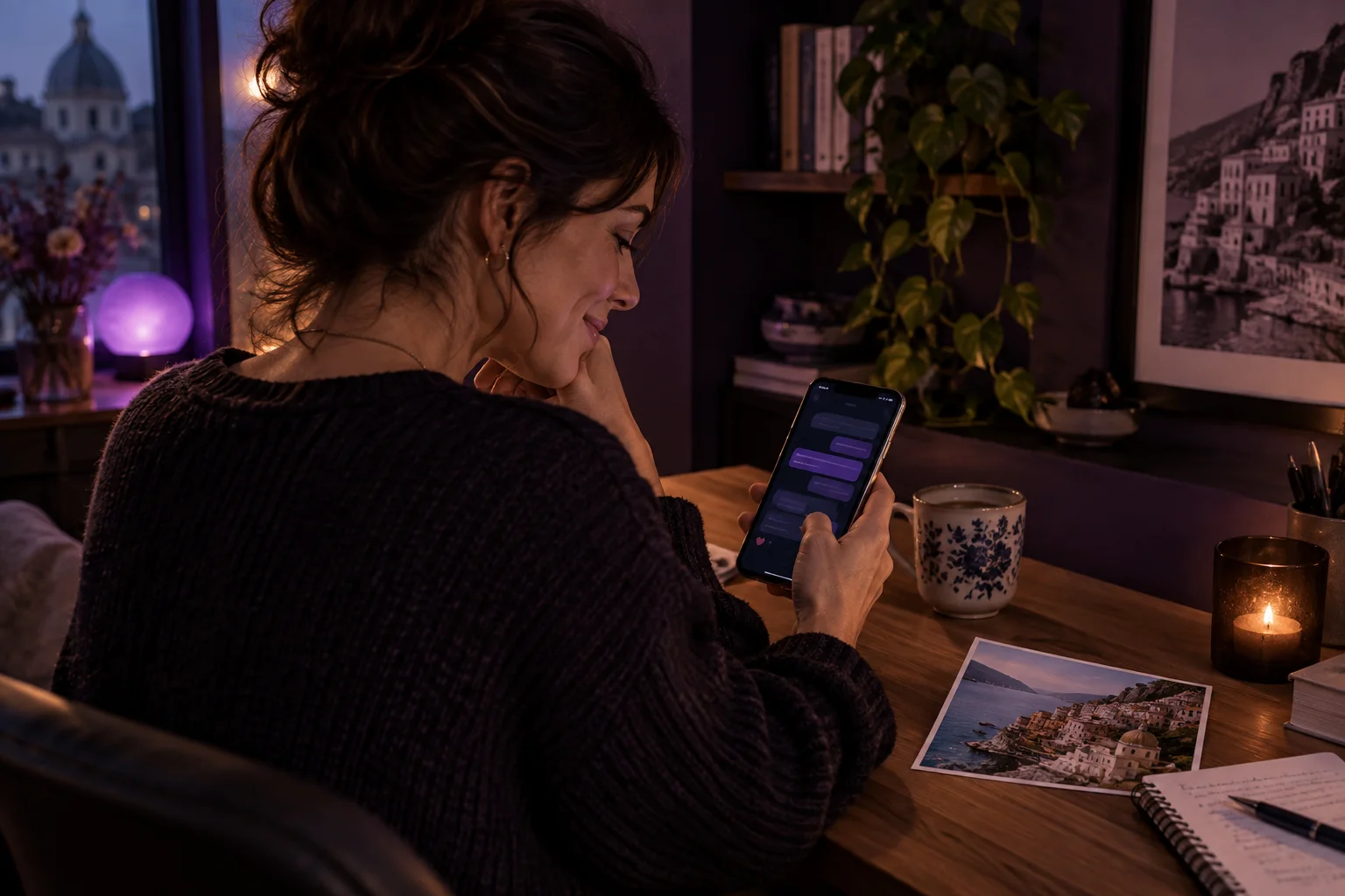 Woman at a desk smiling at a chat conversation on her phone