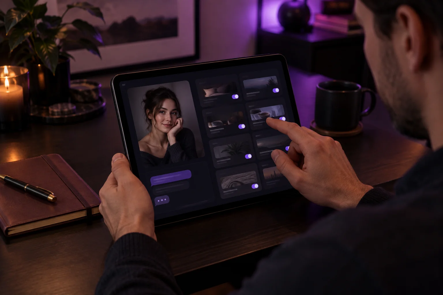 Man using a tablet to switch memory settings next to the portrait of an AI character