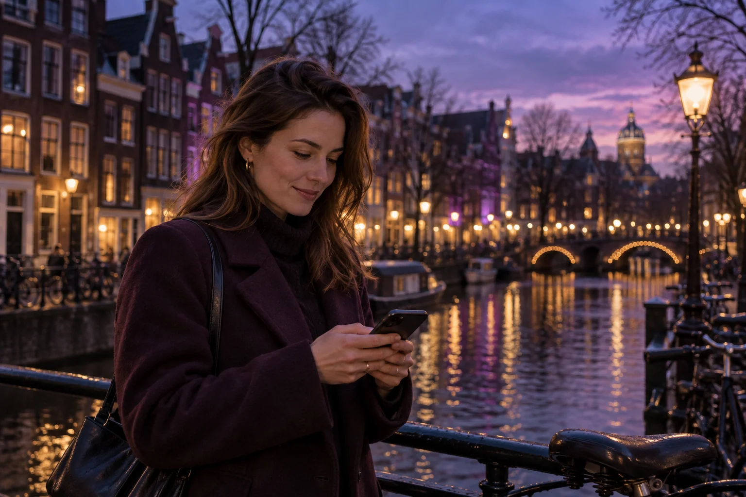 Woman with her phone by an Amsterdam canal at dusk
