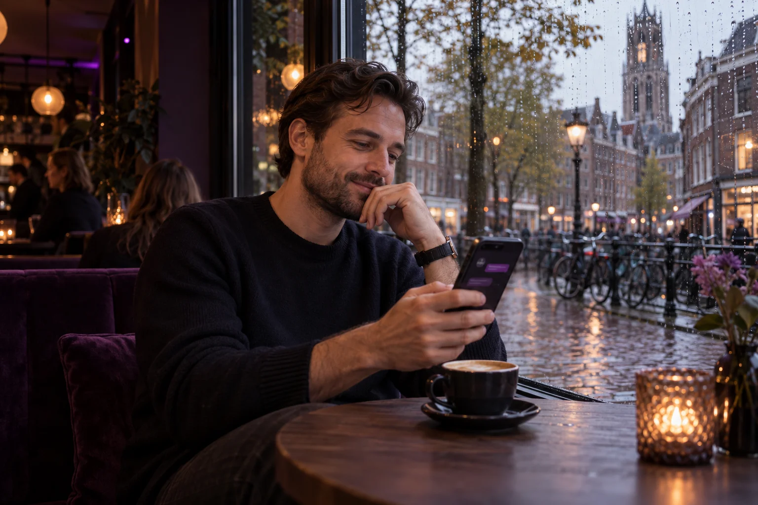 Man in a café with a coffee smiling at his phone, with a rainy Dutch street outside