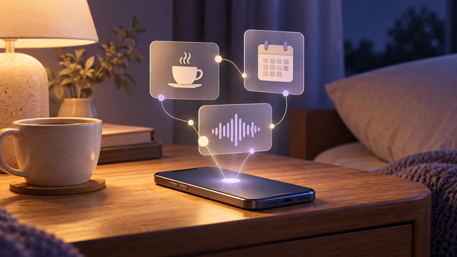 Smartphone op een nachtkastje met zwevende pictogrammen voor stem, koffie en agenda, als symbool voor de context en het geheugen van een AI-chatbot