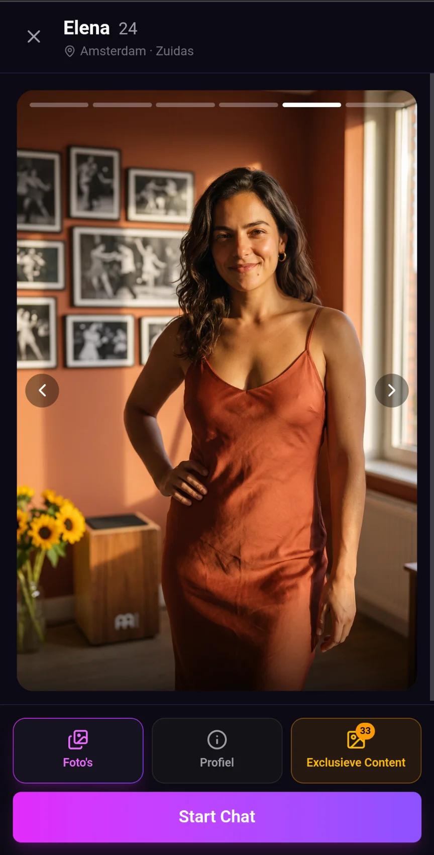 Example of an AI companion profile in the HollandGirls.hot app, with a chat button and exclusive content