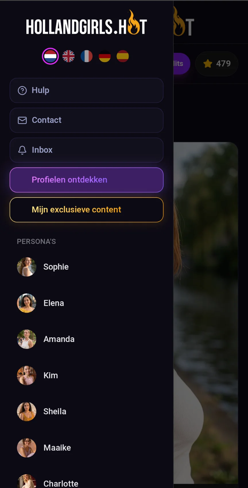 Menu of HollandGirls.hot with language selection and an overview of AI personas