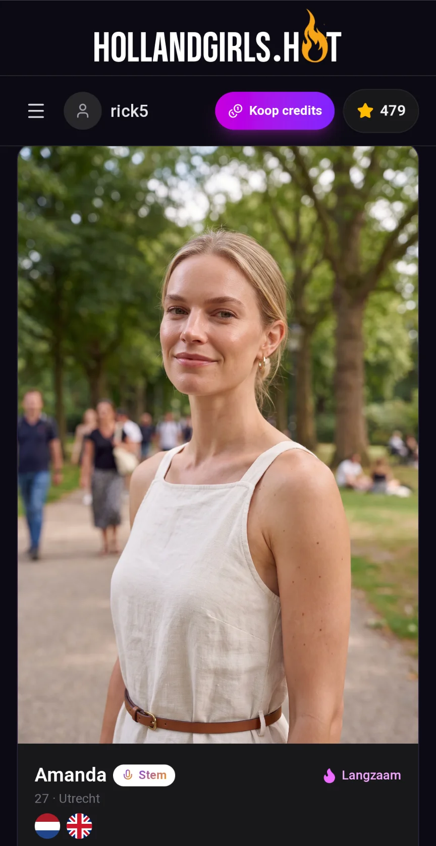 AI persona Amanda in an outdoor setting, with voice and language options in the HollandGirls.hot app
